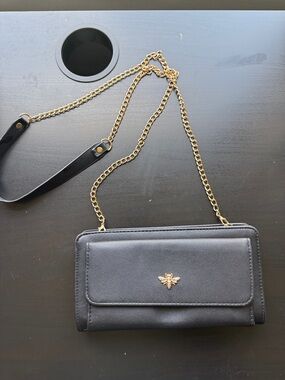 Black Chain Crossbody Wallet with Gold Bee Accent